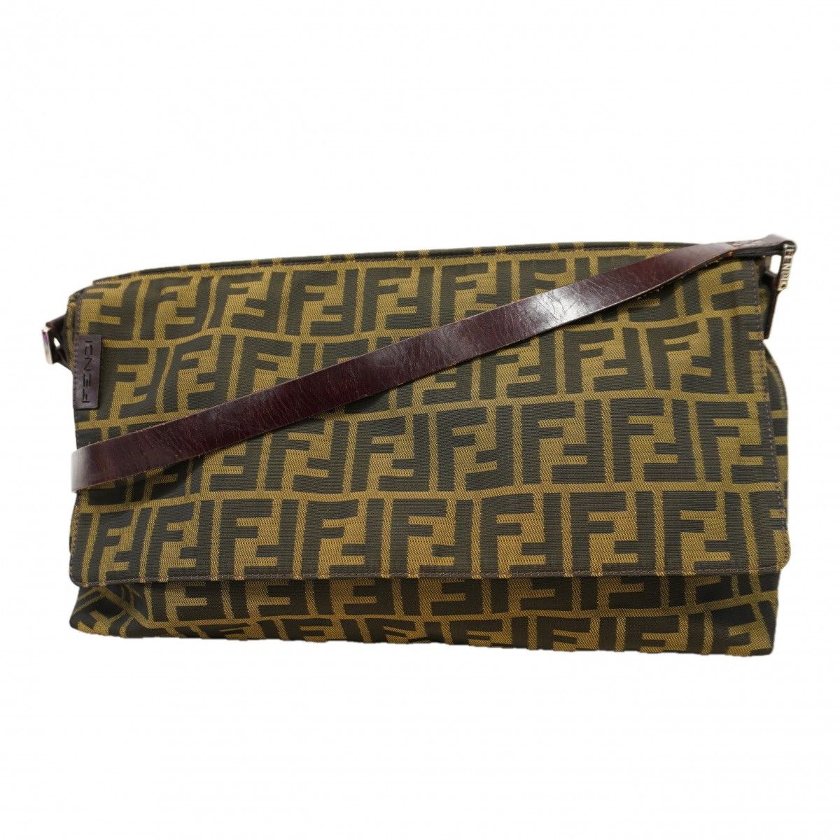 Fendi Shoulder Bag Zucca Nylon Canvas Brown Silver