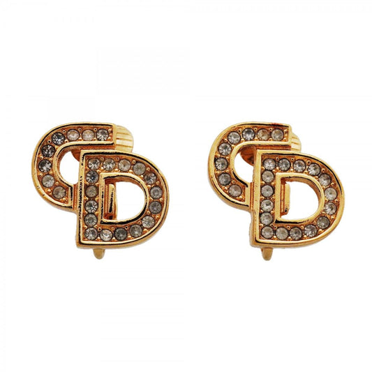Dior Earrings CD Logo Gold Plated Rhinestone