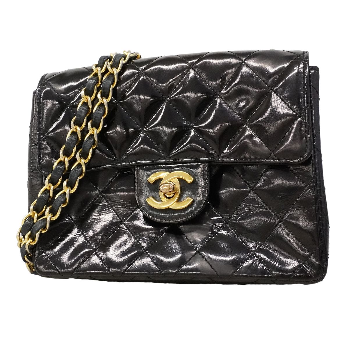 Chanel Shoulder Bag Mini Quilted Patent Leather Black Gold