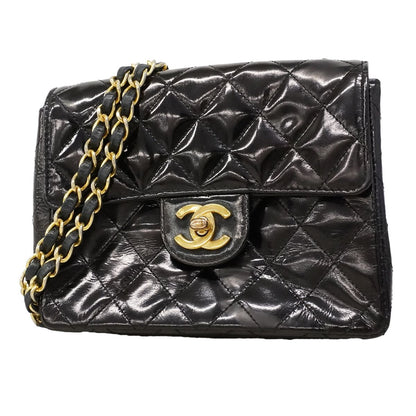 Chanel Shoulder Bag Mini Quilted Patent Leather Black Gold