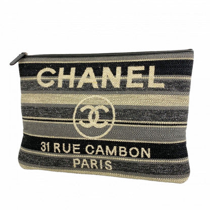 Chanel Clutch Deauville Canvas Black Gray Silver