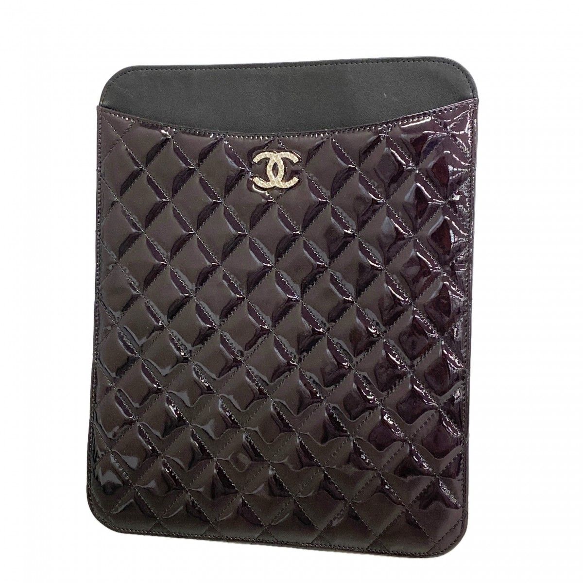 Chanel iPad Case Quilted Patent Leather Black Silver