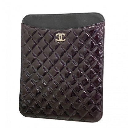 Chanel iPad Case Quilted Patent Leather Black Silver