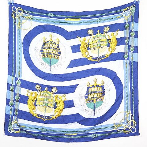Hermes Carre 90 Chateaux D'arriere Silk Scarf Blue
