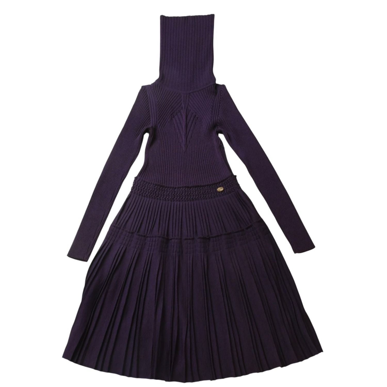 Chanel Turtleneck Knit Dress CC Logo Purple Wool