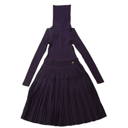 Chanel Turtleneck Knit Dress CC Logo Purple Wool