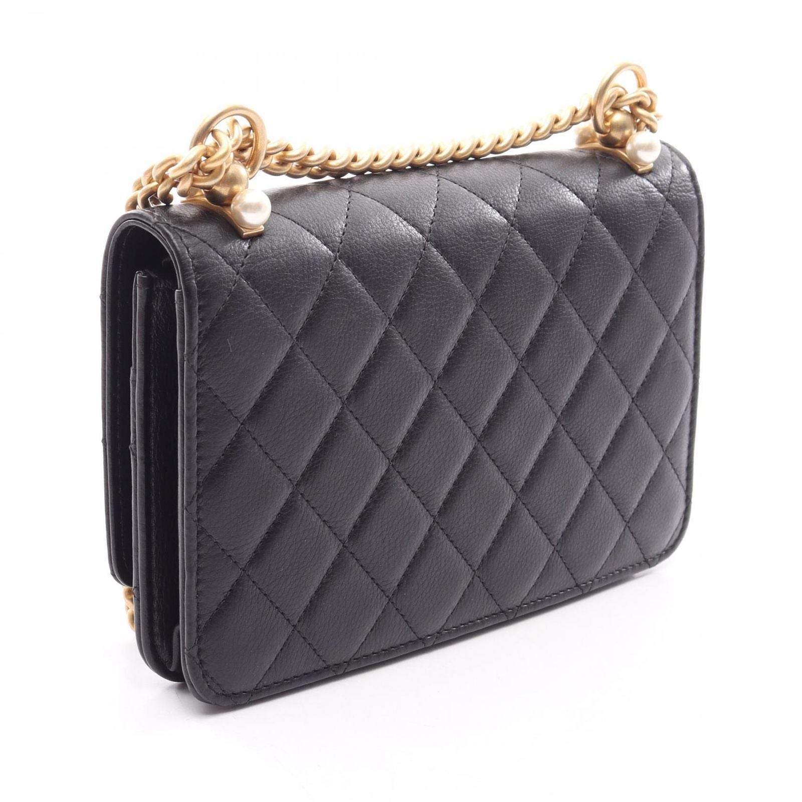 Chanel Shoulder Bag Quilted Black Lambskin Coco Pearl Chain Wallet — view 2
