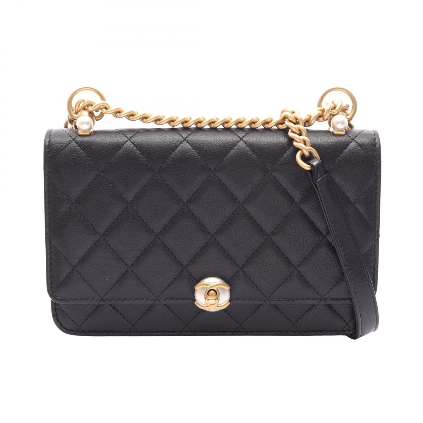 Chanel Shoulder Bag Quilted Black Lambskin Coco Pearl Chain Wallet