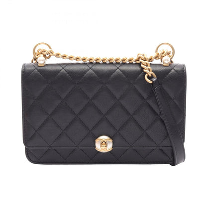 Chanel Shoulder Bag Quilted Black Lambskin Coco Pearl Chain Wallet