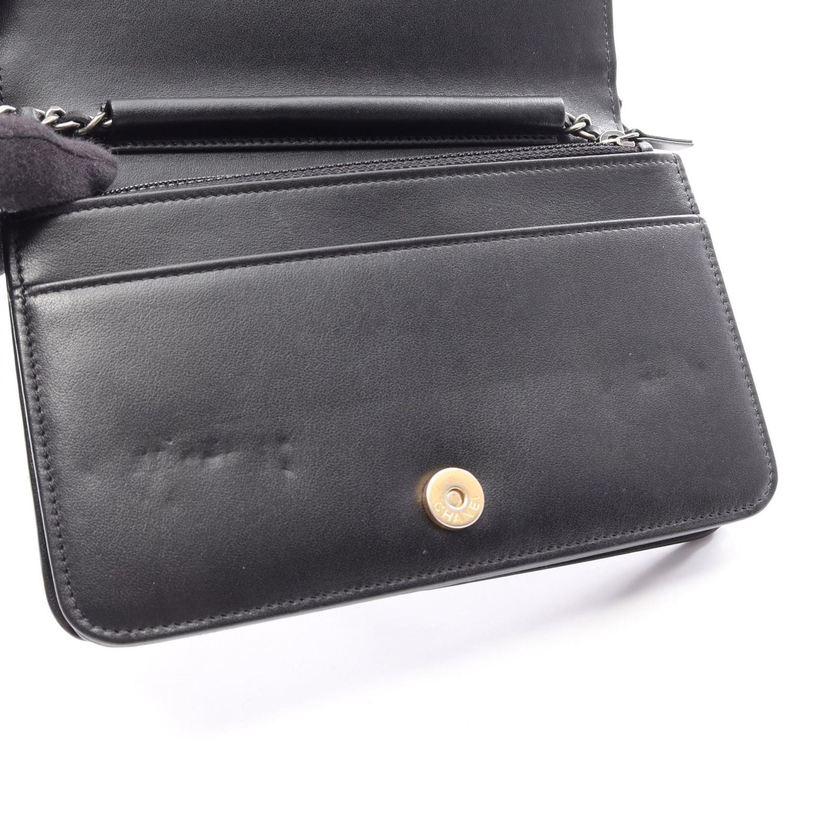 Chanel Shoulder Bag Quilted Black White Fabric Leather Chain Wallet — view 7