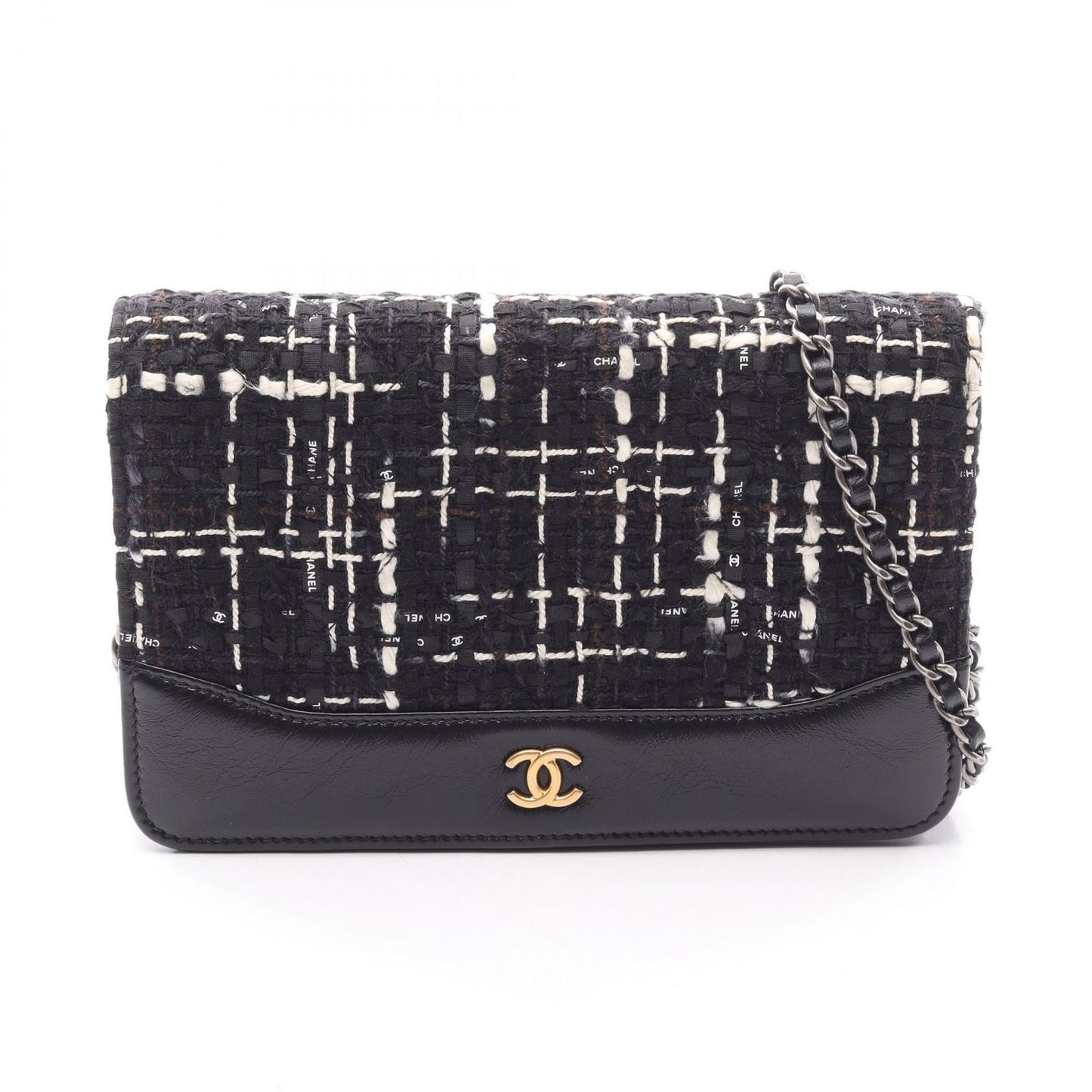 Chanel Shoulder Bag Quilted Black White Fabric Leather Chain Wallet