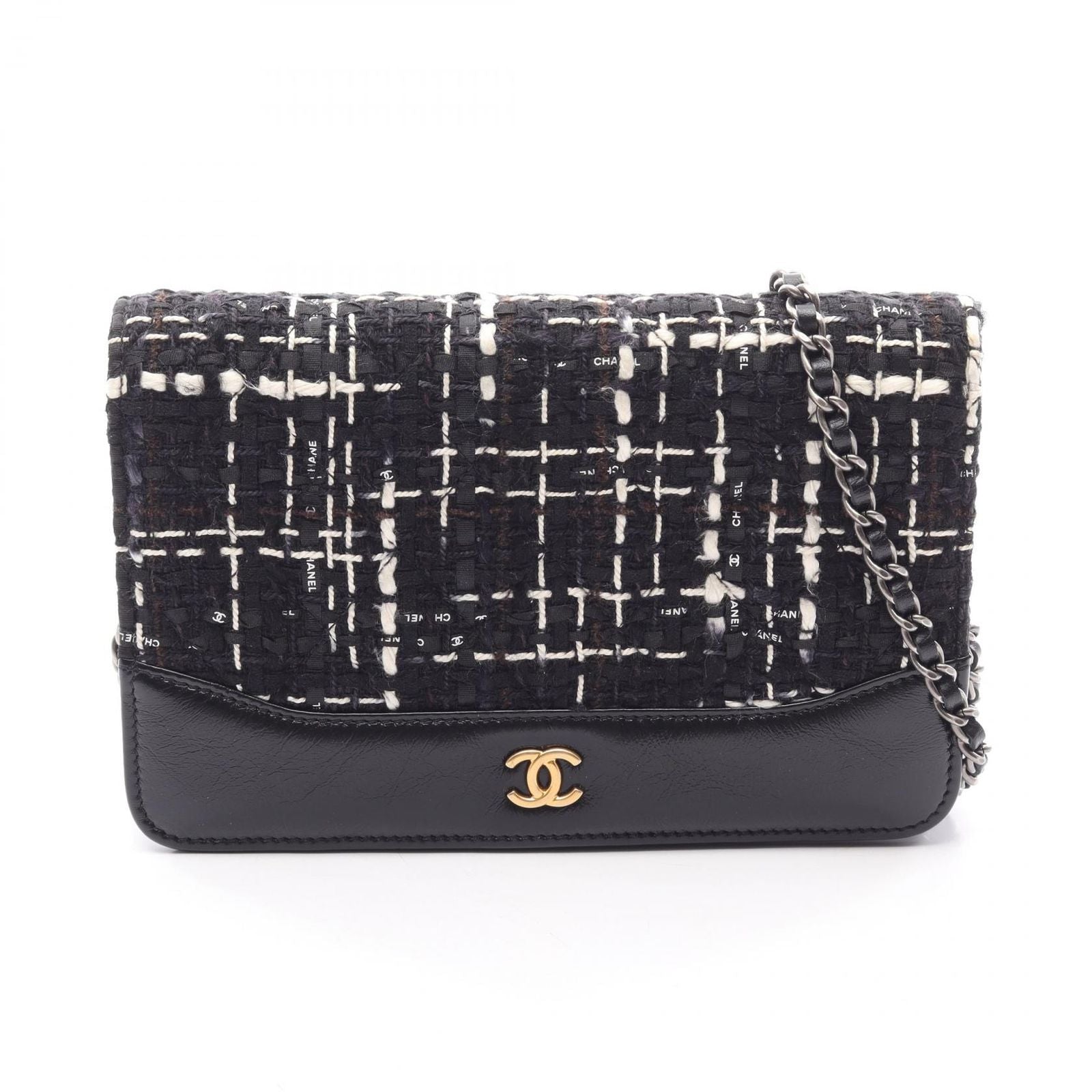 Chanel Shoulder Bag Quilted Black White Fabric Leather Chain Wallet