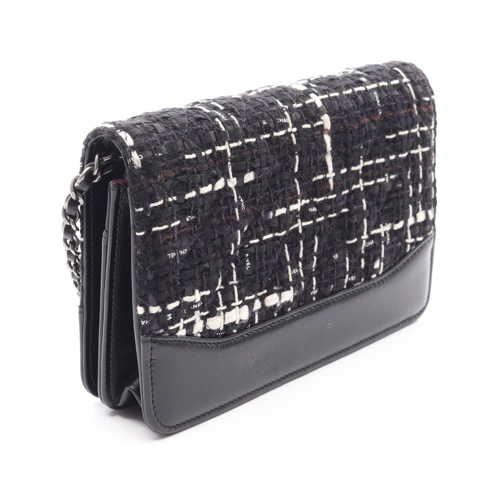 Chanel Shoulder Bag Quilted Black White Fabric Leather Chain Wallet — view 2