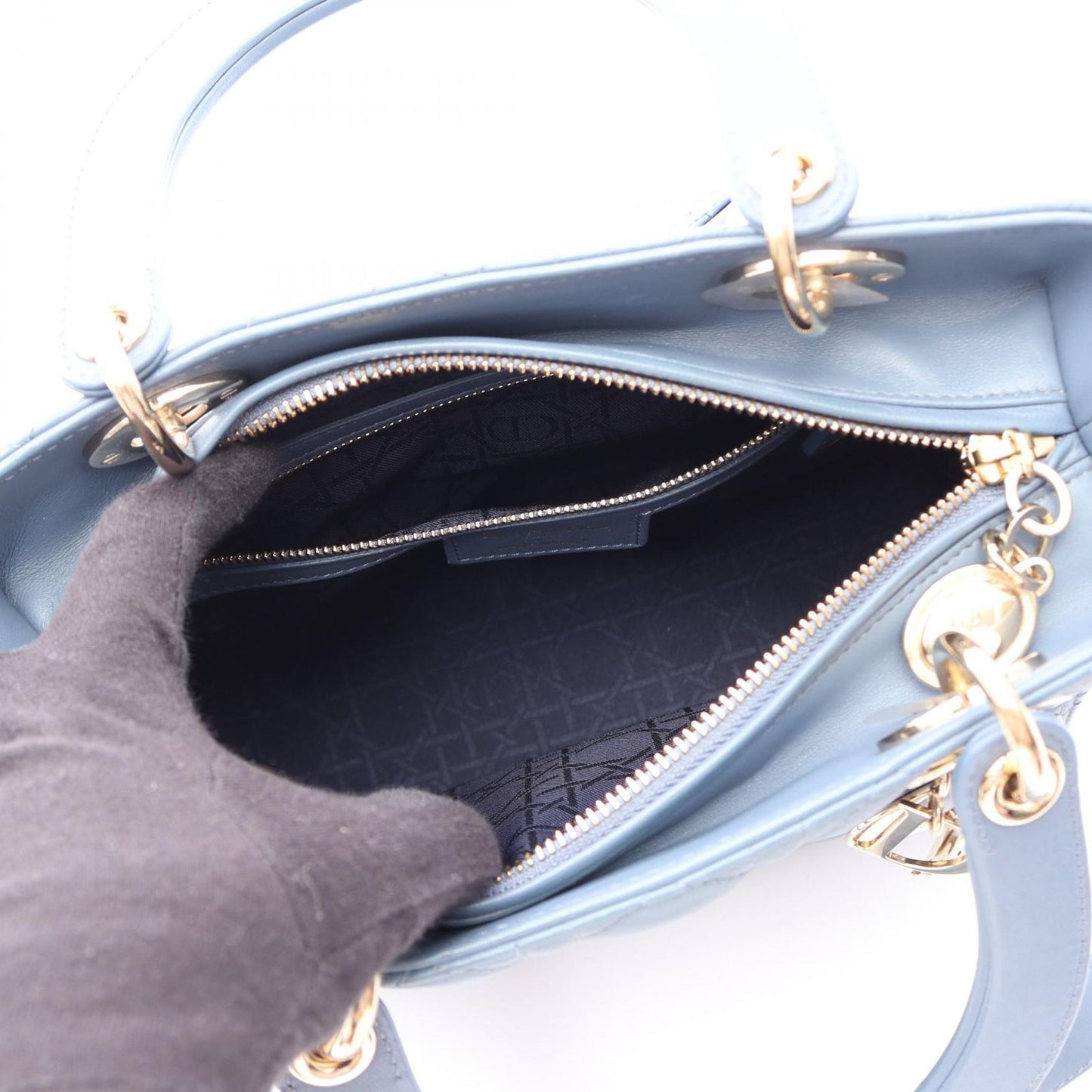 Dior Handbag Lady Dior Cannage 2-Way Blue Leather Tote — view 3