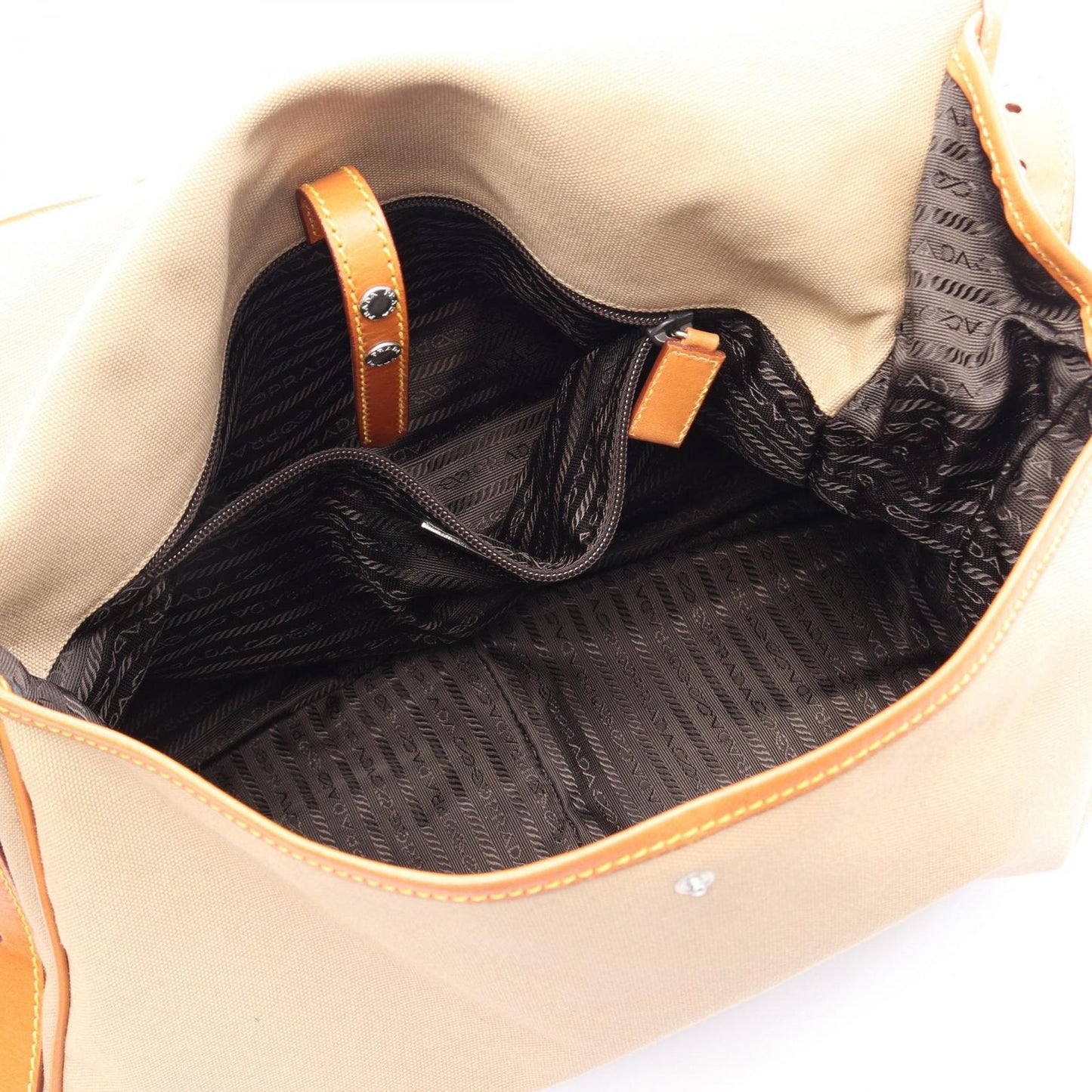 Prada Shoulder Bag Canapa Soft Beige Orange Canvas Leather Triangle Logo — view 3