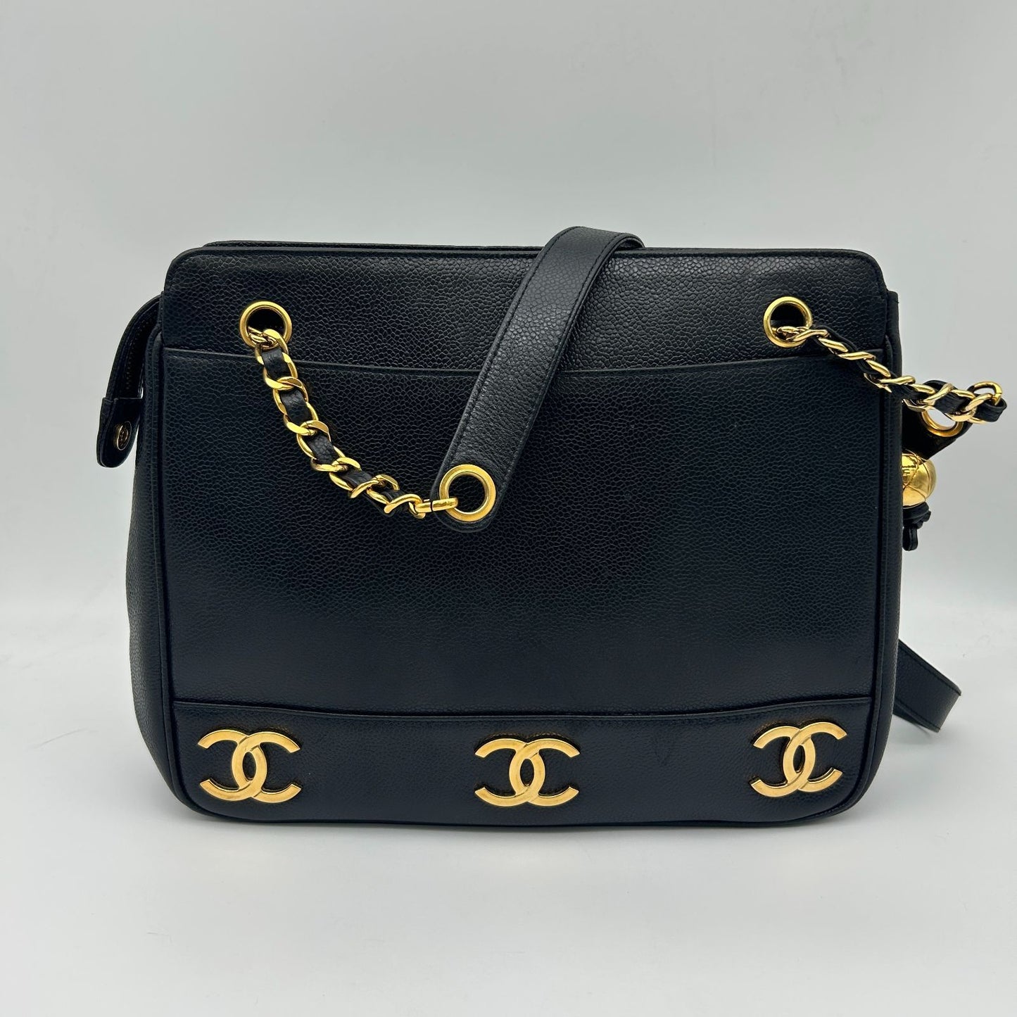 Chanel Triple Coco Chain Tote Shoulder Bag Caviar Leather Black — view 2