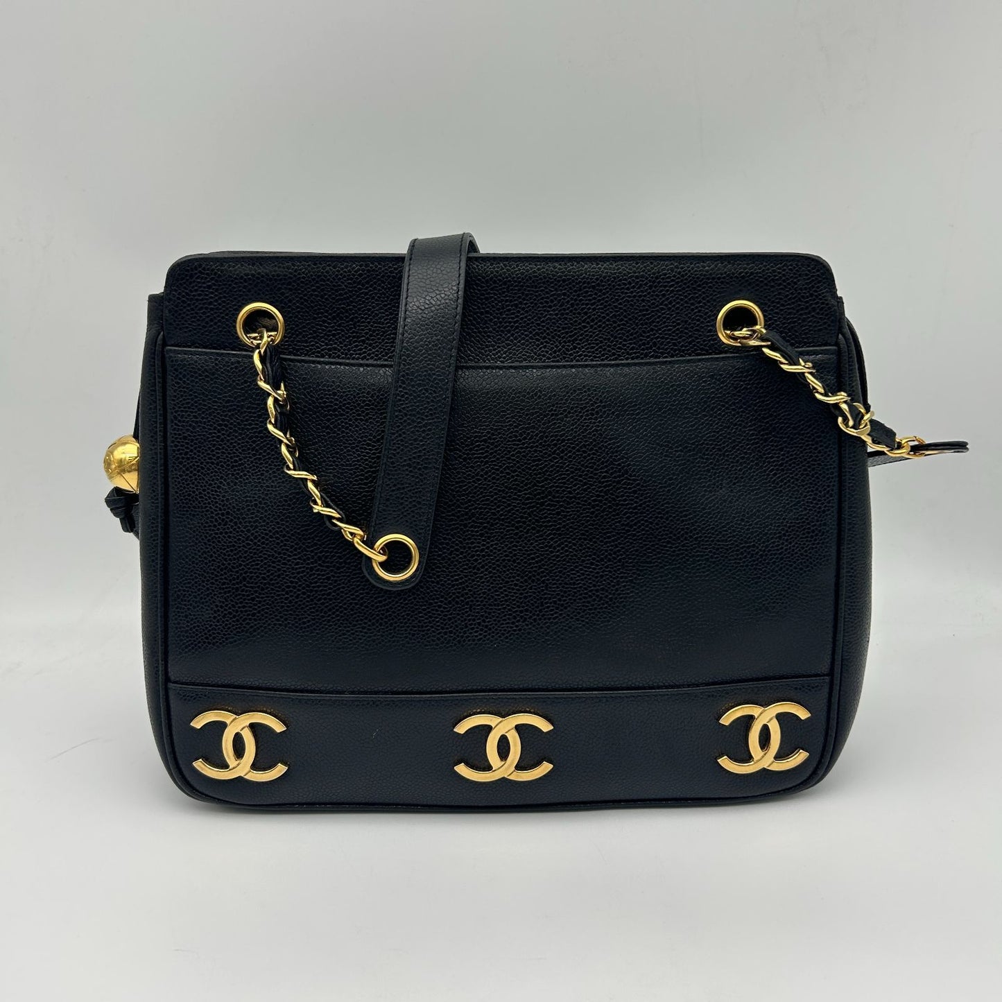 Chanel Triple Coco Chain Tote Shoulder Bag Caviar Leather Black