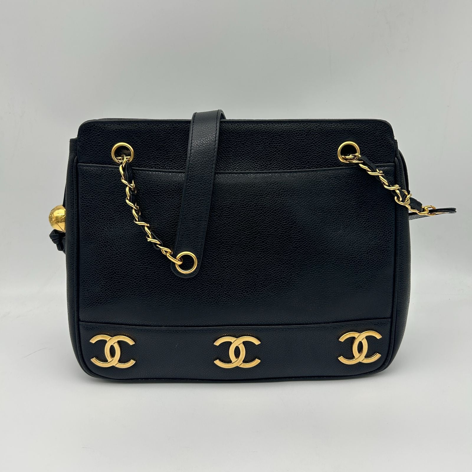 Chanel Triple Coco Chain Tote Shoulder Bag Caviar Leather Black