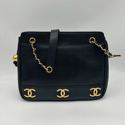 Chanel Triple Coco Chain Tote Shoulder Bag Caviar Leather Black