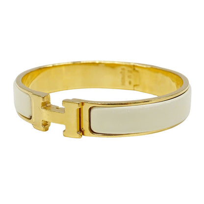 Hermes Bangle Click Enamel Metal Yellow Gold Ivory Logo Adult Bracelet — view 2