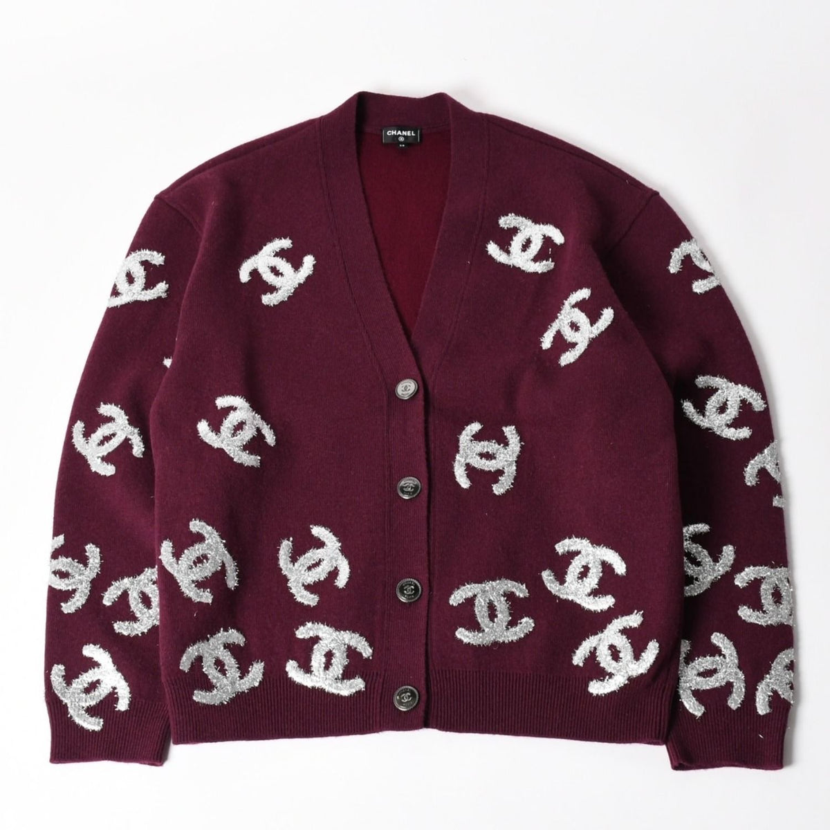 Chanel All Over CC Mark Glitter Cashmere Cardigan Burgundy Silver