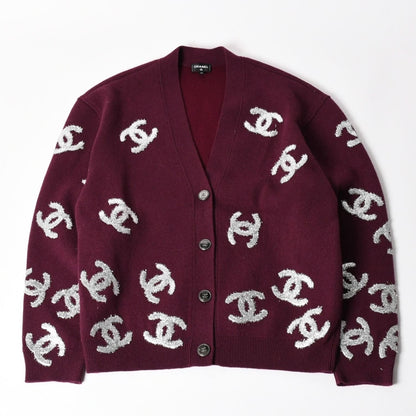 Chanel All Over CC Mark Glitter Cashmere Cardigan Burgundy Silver