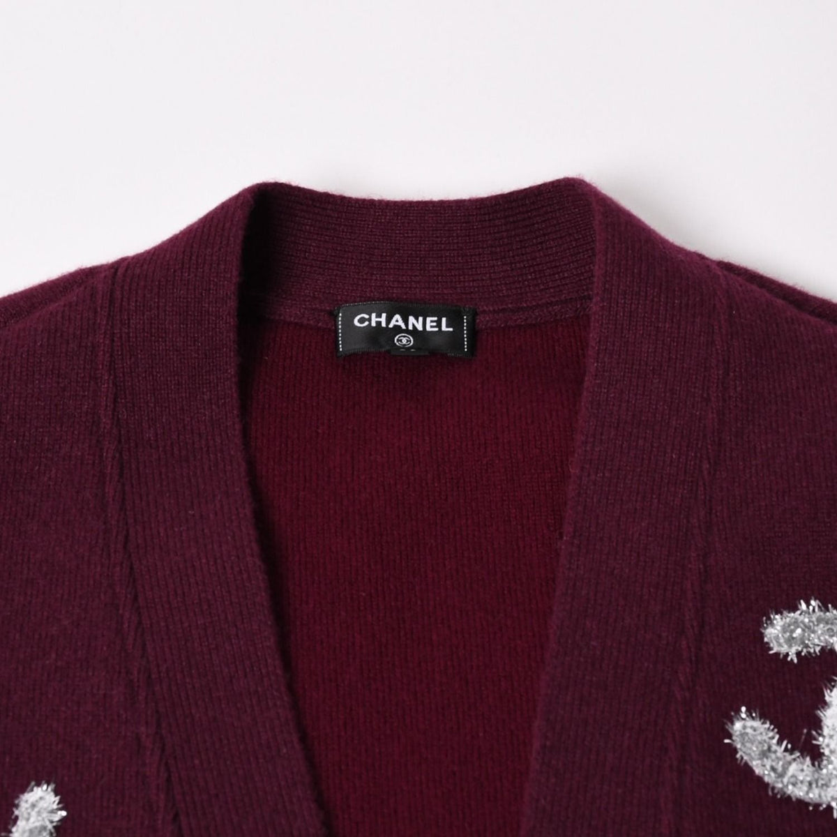 Chanel All Over CC Mark Glitter Cashmere Cardigan Burgundy Silver — view 3