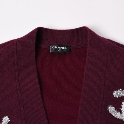 Chanel All Over CC Mark Glitter Cashmere Cardigan Burgundy Silver — view 3