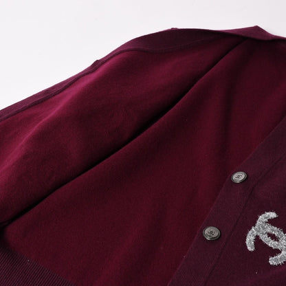 Chanel All Over CC Mark Glitter Cashmere Cardigan Burgundy Silver — view 8