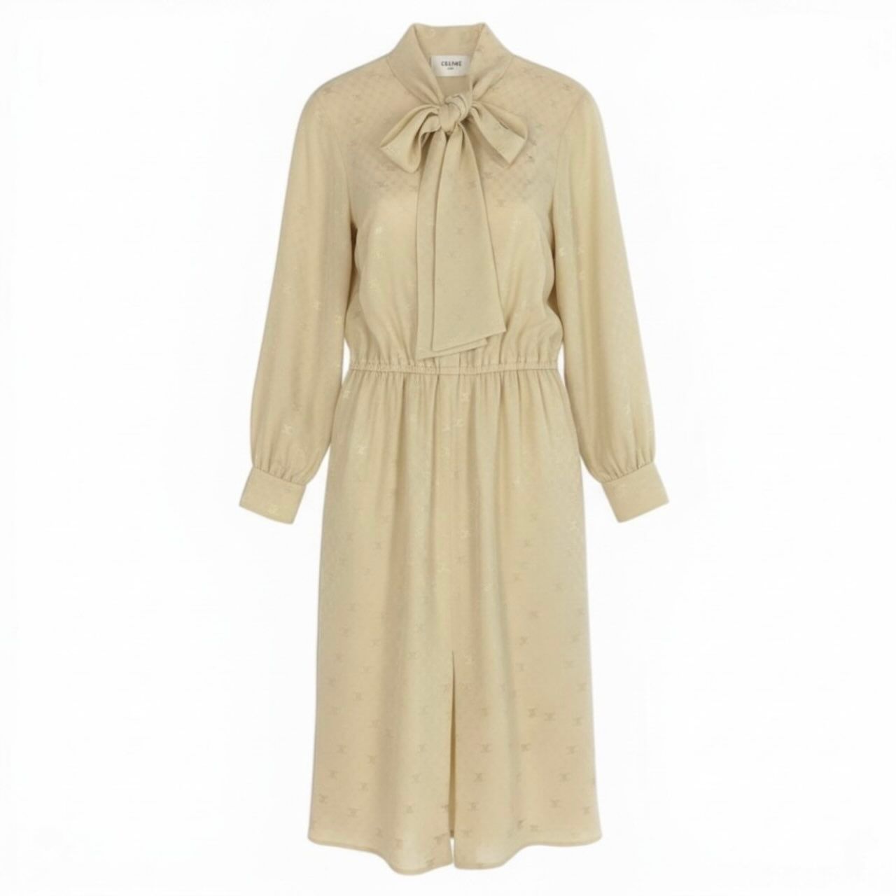 Celine Lavalier Triomphe Pattern Bowtie Silk Dress Long Pink