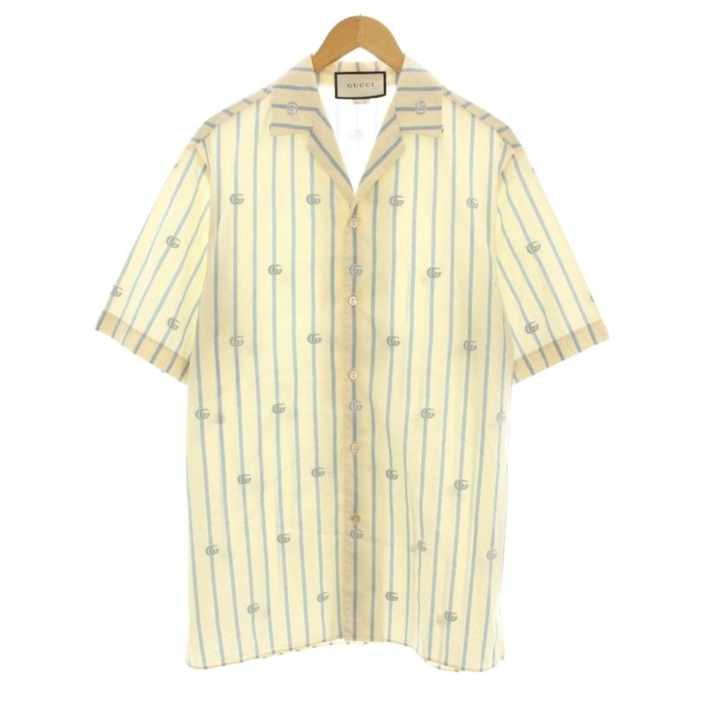 Gucci Double Stripe Cotton Bow Ring Shirt Short Sleeve Open Color 44 Beige
