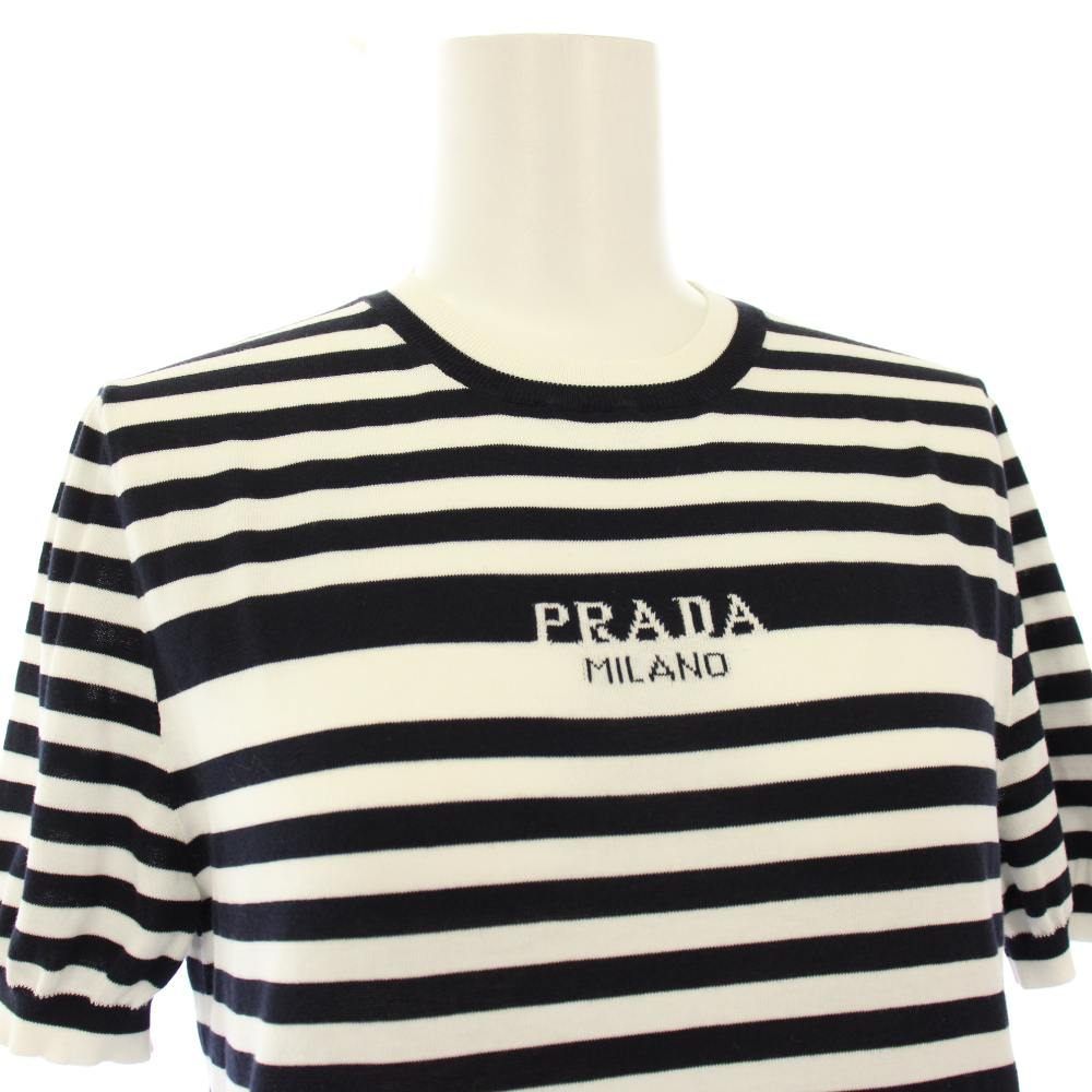 Prada Border Knit Top Logo Short Sleeve 36 Black White Sweater — view 5