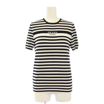 Prada Border Knit Top Logo Short Sleeve 36 Black White Sweater