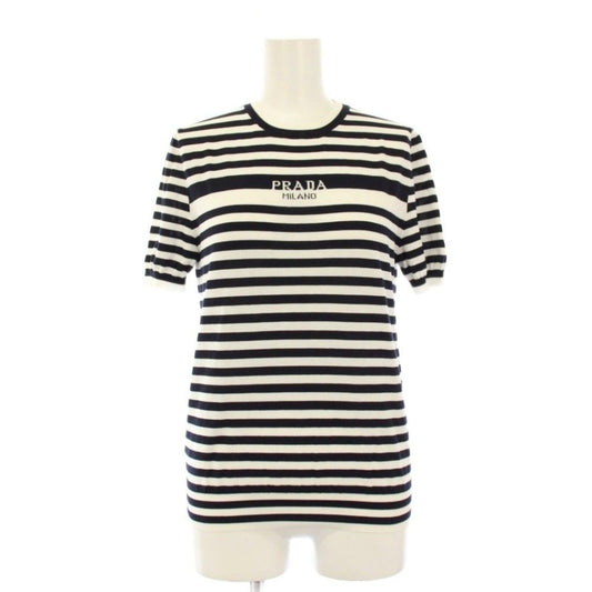 Prada Border Knit Top Logo Short Sleeve 36 Black White Sweater