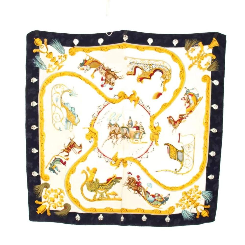 Hermes Scarf Carre 90 Plumes Et Grelots Feather and Bell Silk Navy Ivory Yellow