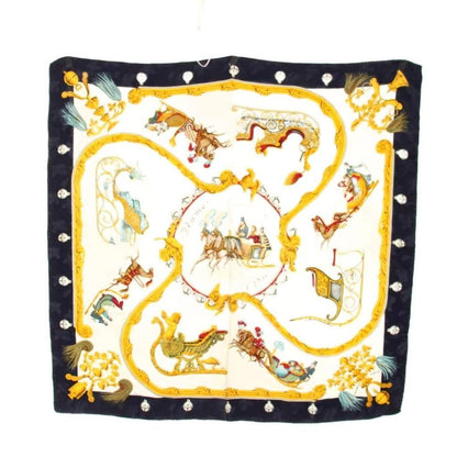 Hermes Scarf Carre 90 Plumes Et Grelots Feather and Bell Silk Navy Ivory Yellow