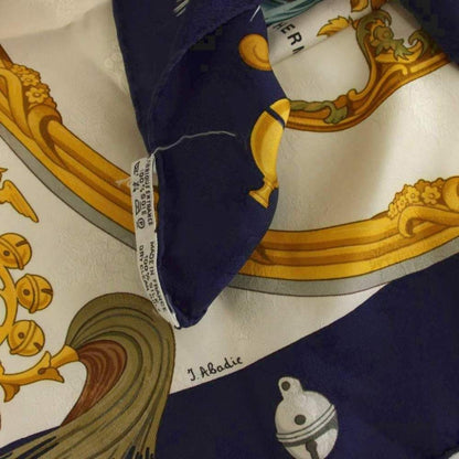 Hermes Scarf Carre 90 Plumes Et Grelots Feather and Bell Silk Navy Ivory Yellow — view 5