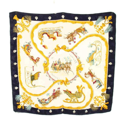 Hermes Scarf Carre 90 Plumes Et Grelots Feather and Bell Silk Navy Ivory Yellow — view 2