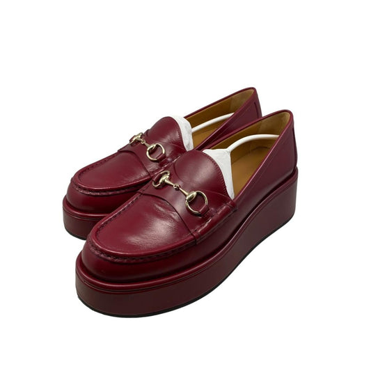 Gucci Loafers Horsebit Wedge Sole 37 Leather Red Gold