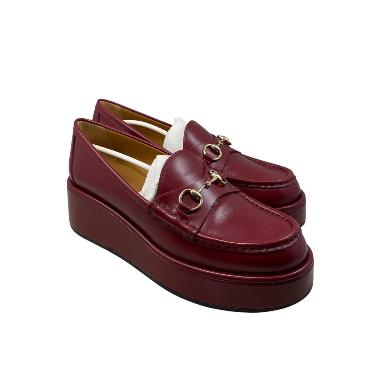 Gucci Loafers Horsebit Wedge Sole 37 Leather Red Gold — view 2