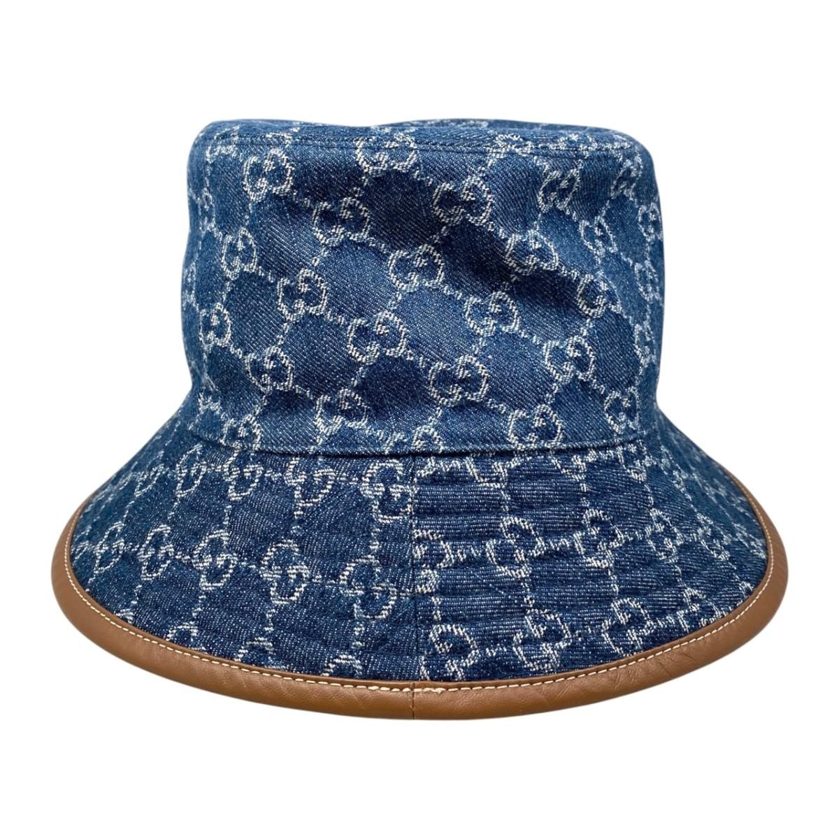 Gucci Hat Bucket Hat GG Jacquard M Denim Cotton Blue Brown — view 4