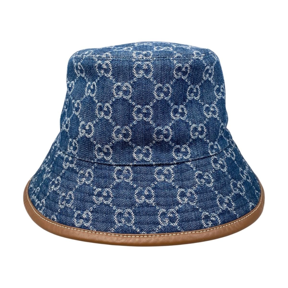 Gucci Hat Bucket Hat GG Jacquard M Denim Cotton Blue Brown