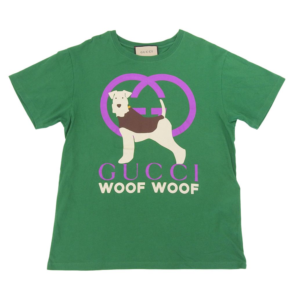 Gucci Woof Dog Print Cotton T-Shirt Top Green