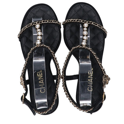 Chanel Imitation Pearl Chain Satin Ankle Strap Lambskin Sandals 38c — view 5