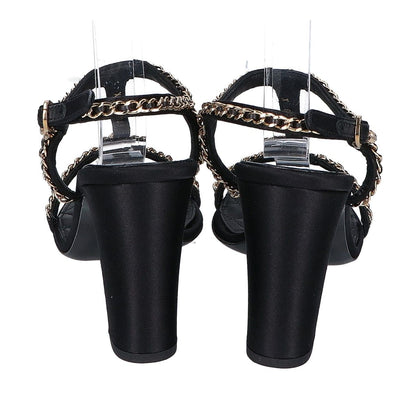 Chanel Imitation Pearl Chain Satin Ankle Strap Lambskin Sandals 38c — view 3
