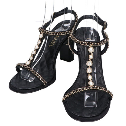 Chanel Imitation Pearl Chain Satin Ankle Strap Lambskin Sandals 38c