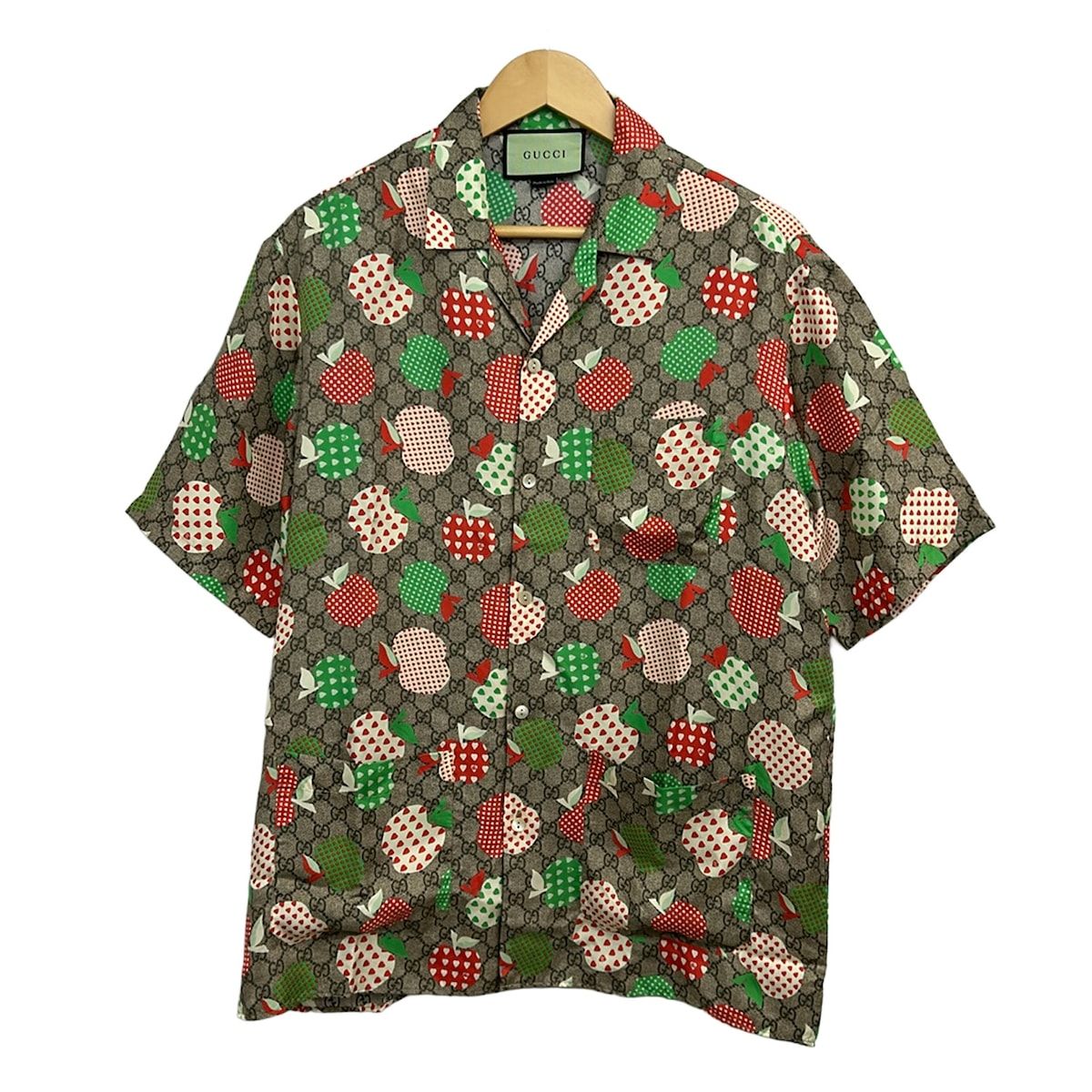 Gucci Short Sleeve Shirt 46 S Beige Multi Silk Apple Pattern