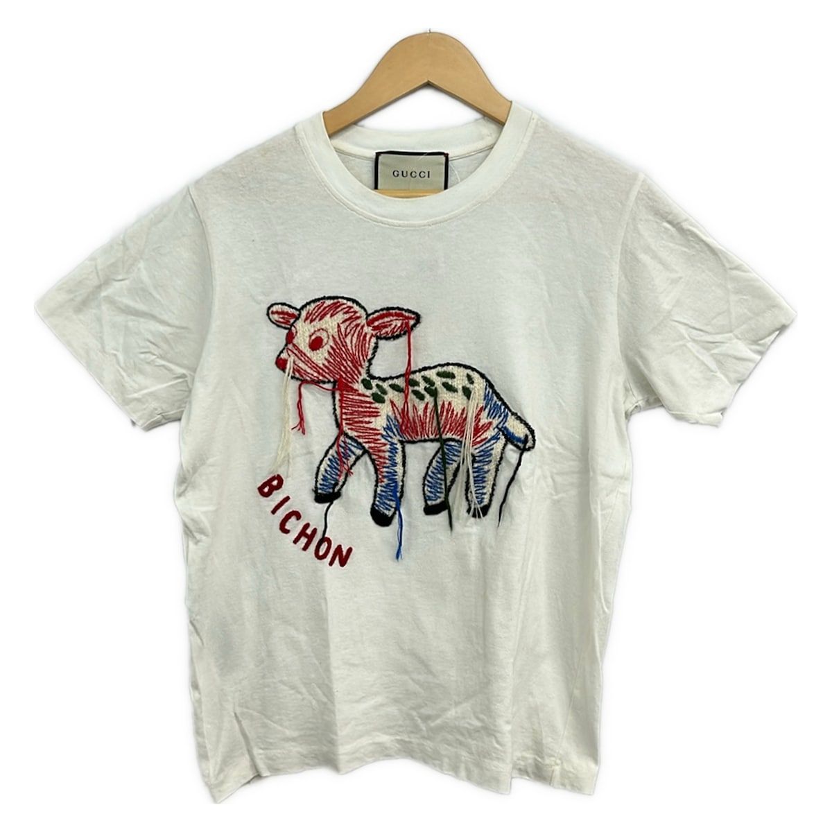 Gucci Short Sleeve T-Shirt M Ivory Red Multi Crew Neck Embroidery Fawn