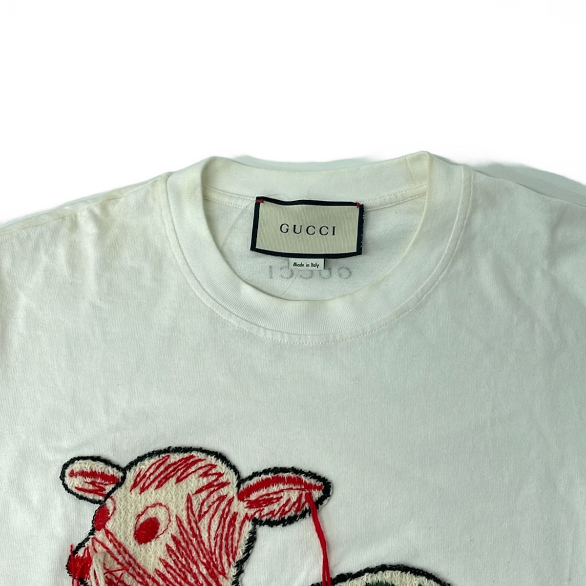 Gucci Short Sleeve T-Shirt M Ivory Red Multi Crew Neck Embroidery Fawn — view 6