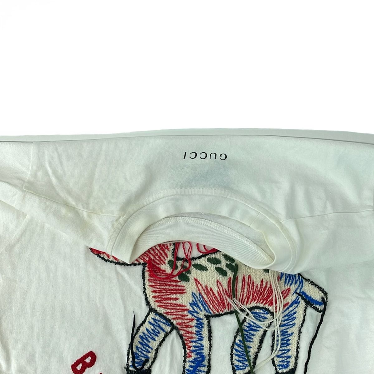 Gucci Short Sleeve T-Shirt M Ivory Red Multi Crew Neck Embroidery Fawn — view 7